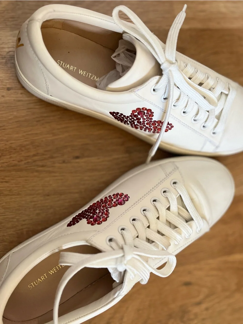 Stuart Weitzman White Leather Sneakers with Red and Pink Crystal Heart Accents